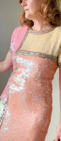 Vintage 80s Silk Sequin Pink Cocktail Dress Medium Fit Knee Length Sparkle Shine Size 6