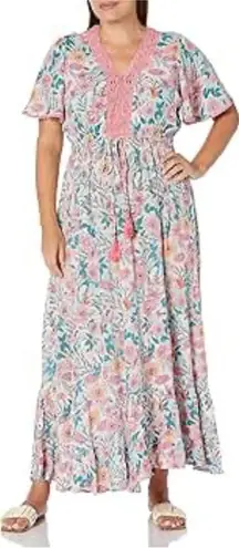 Aveology Maxi Dress Size 30/32W Pink Floral Crochet Lace Crinkle Fabric Boho