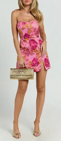 Showpo Brailey mini dress strapless in pink jacquard Floral Size 6