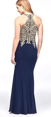 XScape Navy Blue And Gold Prom Dress