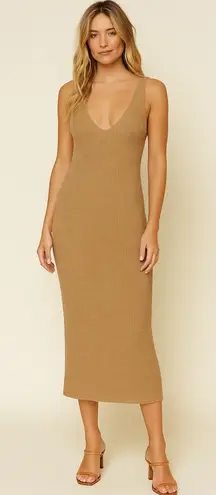Commense Sleeveless V Neck Sweater Knit Midi Maxi Dress Neutral Brown Tan Small