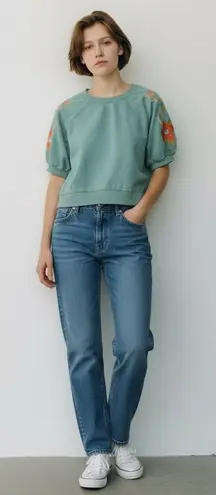 ANNIEWEAR Womens Sweatshirt Light Green Embroidered Floral Puff Sleeve Crew L Size L