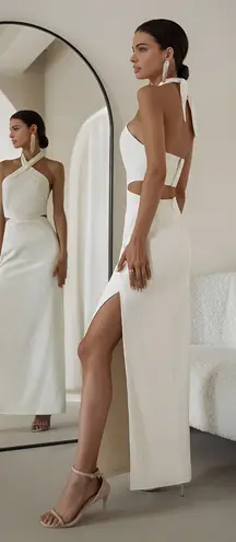Commense Elegant Crisscross Minimalist Cutout Halter Split Long Dress White S
