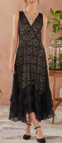 Sundance Champs De Fleur Lace Ruffle V-Neck Black Maxi Boho Dress Womens LARGE