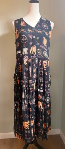 Bila vintage 90’s brown black Rayon dress safari elephant brown boho whimsi L Size L