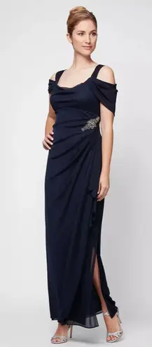 Alex Evenings Camille Cowl Neck Gown Size 12 NEW Navy Embellished Wedding Guest