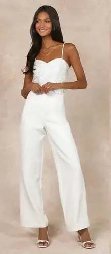 Lulus Exquisite Posture White Floral Embroidered Tiered Jumpsuit Size S