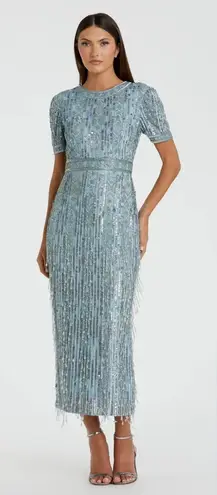 Mac Duggal NWT 5980 Blue High Neck Short Sleeve Crystal Fringe Sheath Dress Sz 8