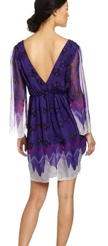 Aryn K Purple Silk Dress Size M 100% Silk Print V-Neck Elastic Waist Fairycore