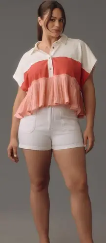 Pilcro Anthropologie Bonfire Rugby Top Pink Cotton Cropped Collared Shirt XXS White