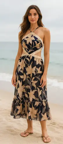 PatBo Stargazer Navy Floral Maxi Dress XS Halter Boho Coastal Vacation Boho Luxe Blue