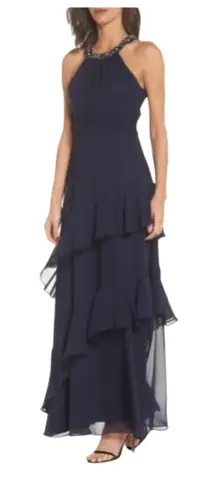 Eliza J Beaded Halter Tiered Chiffon Gown 18 Navy