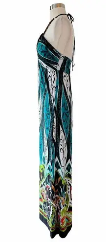 Heart soul Halter Maxi Dress Paisley Green Brown Wood Beads Neck Large EUC