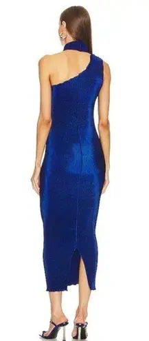 L’IDEE Regal Blue 90s One Shoulder High Neck Satin Plisse Lettuce Hemline Dress Size 10