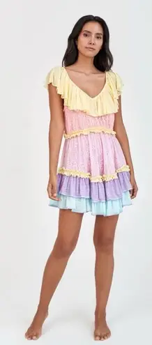 Pitusa Rainbow Ruffle Mini Dress S Petite Tiered Flowy Colorful Flutter Sleeves Pink Size undefined
