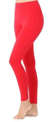 New Women's Zenana Wide Waistband Full Length Leggings With Pockets Red Small