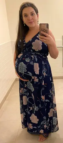 Motherhood Maternity Navy Floral Chiffon Maxi Dress w/ Surplice Pin-tuck Waist