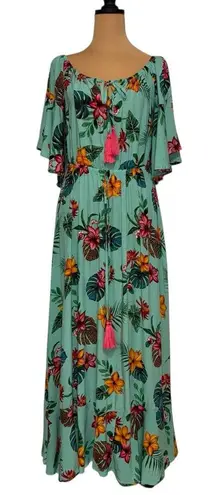 Anthropologie Label of Love Floral Maxi Dress Tassel Tie Neck Bohemian Resort Green Size L