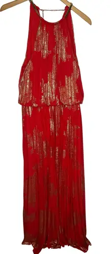 MSK Red Metallic Gold Pleated Halter Maxi Dress Women's 14 Formal Evening Gown