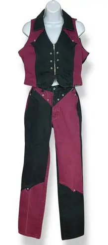 Vintage Western Ethics Jeans Vest Top Pants Country Maroon Black Women Two Tone Red Size undefined