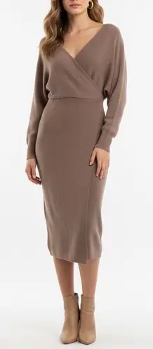 CHERFLY Brown Knit Wrap Midi Dress Batwing Sleeve V Neck Size M Size M