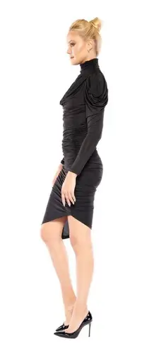 Bisou Bisou Black Helena Rouched Mock Neck Midi Dress