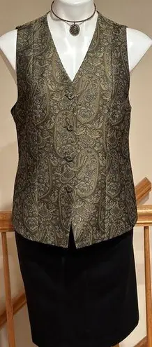 Anne Klein Anne Kline II Gold Olive Green Gray Paisley Fabric ButtonVest Sz 10. Full Lining