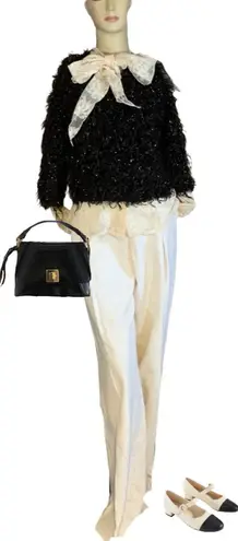 VINTAGE 1990'S GANTOS BLACK & GOLD EYELASH FRINGE CROPPED 3/4 SLEEVE SWEATER (S)