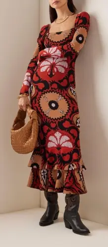 Johanna Ortiz Artful Dream Long Sleeve Square Neck Midi Dress Red Size M