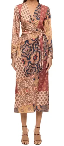 Misa Los Angeles Eliza Patchwork Wrap Dress in Multi Brown, Size M