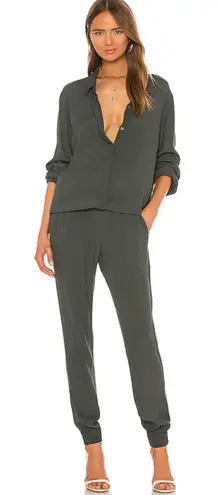 Monrow Jumpsuit Crepe Long Sleeve Collared Button Down Olive Green Size Large