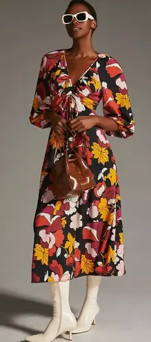 Maeve Anthropologie Floral Print Deep V-Neck Ruched Midi Dress Size 0