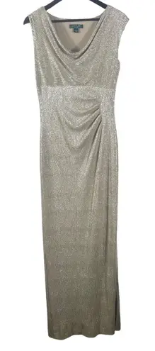 Lauren Ralph Lauren Gold Metallic Cowl Neck Evening Gown Maxi Dress 8 Sleeveless