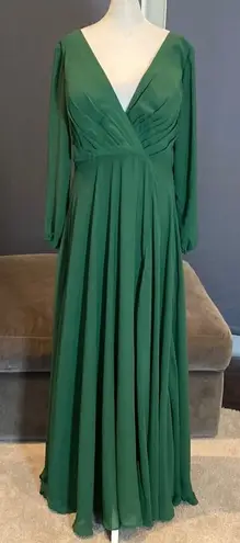 Women’s Green Chiffon Full Length Long Sleeve Dress Corset Back Leg Slit Size 12
