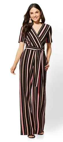 New York And Company Striped Black Pink Jumpsuit with Pockets Size Large