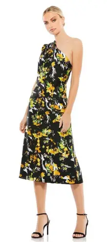 Mac Duggal | FLORAL PRINT DRAPED ONE SHOULDER MIDI DRESS 55630