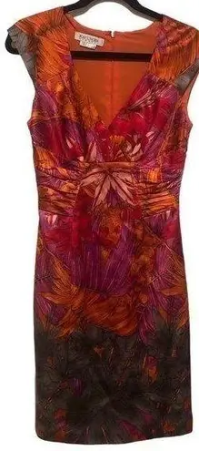 Kay Unger NY VIBRANT PINK ORANGE FLORAL SHORT SLEEVE SATIN SILK SHEATH DRESS 2