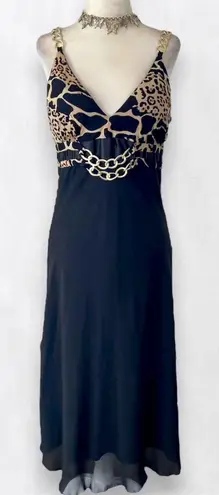 Early 2000's Black Gold Chain Mesh Animal Print Midi Party Dress M Size M