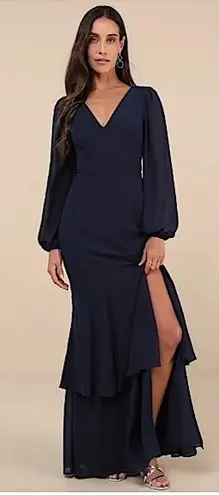 Lulus Tier Elegance Navy Long Sleeve Tiered Maxi Dress Size 2X Blue