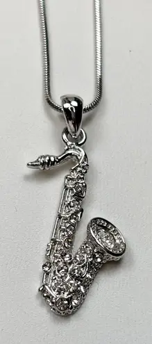 Silver Saxophone Pendant Necklace With Rhinestones & Chain In Gift Box