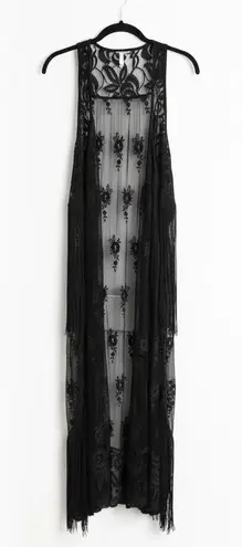 YOU ARE NOT ALONE Black Lace Fringe Maxi Kimono Vest Duster Boho Size undefined
