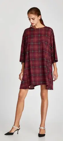 ZARA ‎ Dress Plaid Oversized Short Sleeve T-Shirt Red Check Dress Size Medium