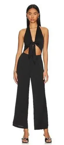 NEW SNDYS Aura Plunge Tie Front Cut Out Halter Jumpsuit Black Women's XS