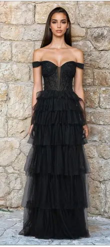 Blondie Nites "Charlotte" Long Mesh Off the Shoulder Ruffle Skirt Dress Size 13