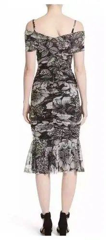 Fuzzi Print Tulle Floral Ruched Off Shoulder Dress Black Size M