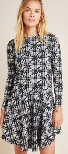 Hutch Anthropologie  Jeanie Embroidered Plaid Floral Tunic Dress Black and White