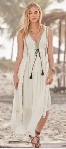 Sundance Talisman White Ruffle Maxi Dress with Tassel Tie Women’s Medium