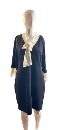 Nina Leonard Black Sweater Dress w/ Ivory Bow Tie Neck & Cuff Trim – Women’s M