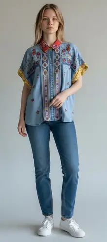 John Mark Shirt Women Large Blue Embroidered Floral Aztec Button Up Boho Cottage - Image 1