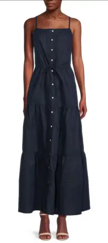 J. McLaughlin Ruth Squareneck Maxi Dress Button Front Linen Navy Blue Medium - Image 1